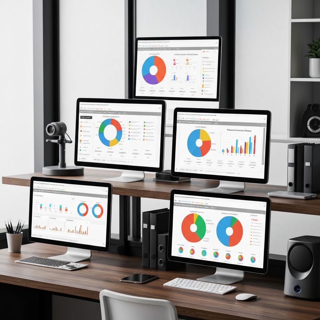 Modern digital workspace showing various pie chart maker tools and software interfaces with colorful pie charts and donut charts on screen